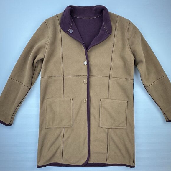 Susan Graver Reversible Fleece Coat Jacket Large Purple Tan Button Front Pockets - Picture 4 of 9